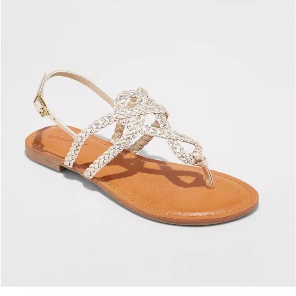 NEW Universal Thread Anabel Braided Thong Ankle Strap Sandals Woven Gold 7
